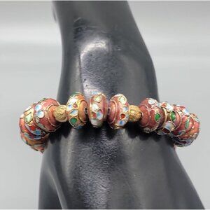 Bronze Cloisonne Beaded Stretch Bracelet 6.5" Gold Plated Floral Disc Beads